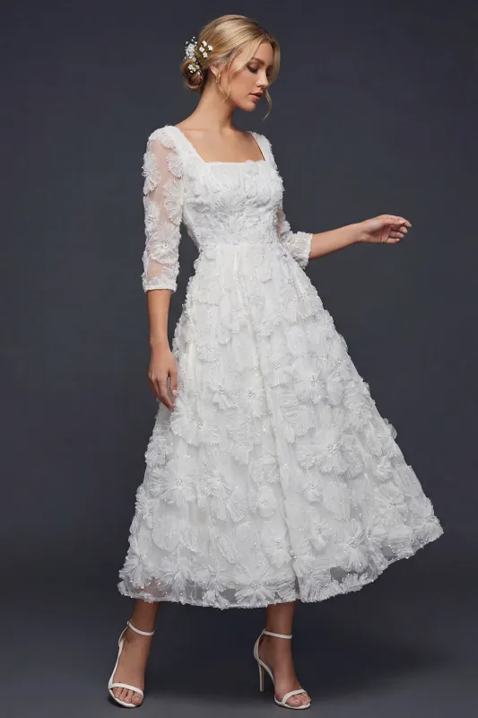 White A Line 3/4 Sleeves Long Wedding Dress with 3D Flowers made by Zapaka