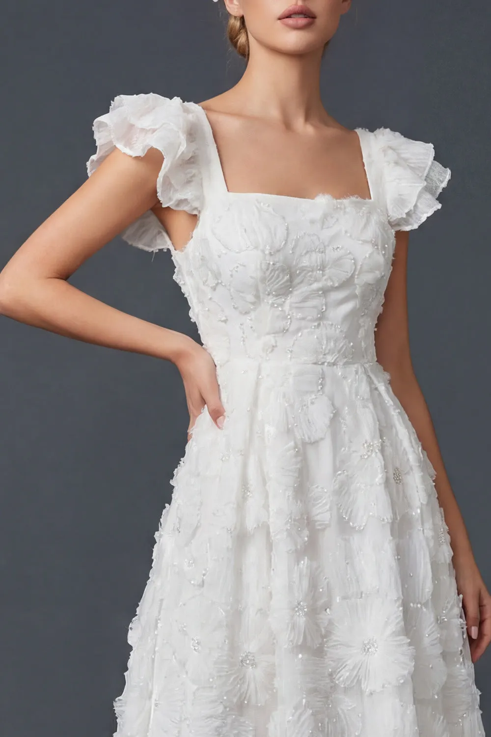 White 3D Flowers A Line Square Neck Long Wedding Dress with Flutter Sleeves sold by Zapaka product image thumbnail 3