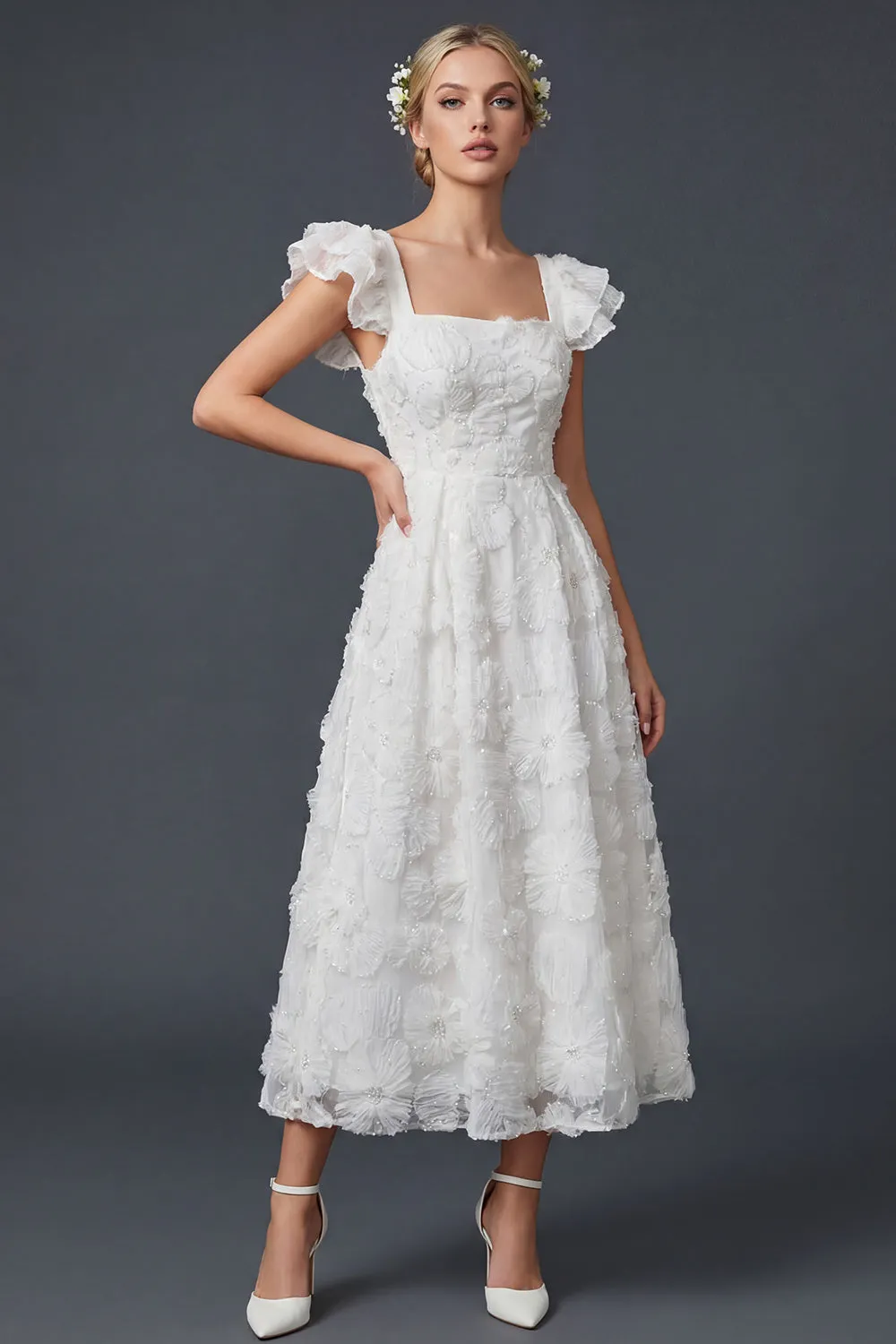 White 3D Flowers A Line Square Neck Long Wedding Dress with Flutter Sleeves sold by Zapaka