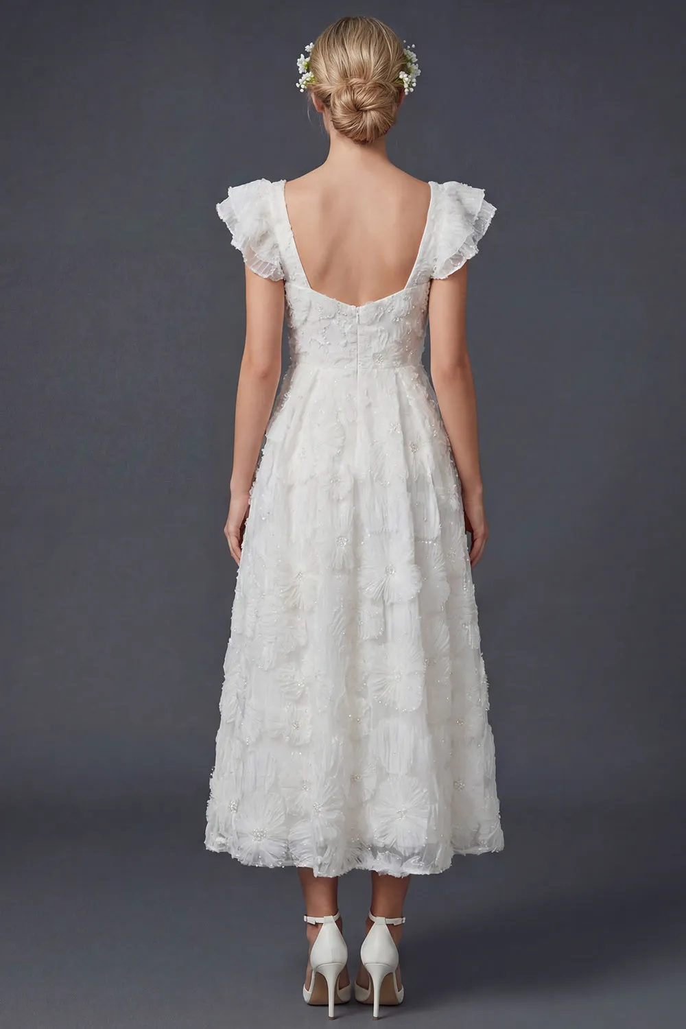 White 3D Flowers A Line Square Neck Long Wedding Dress with Flutter Sleeves sold by Zapaka product image thumbnail 2