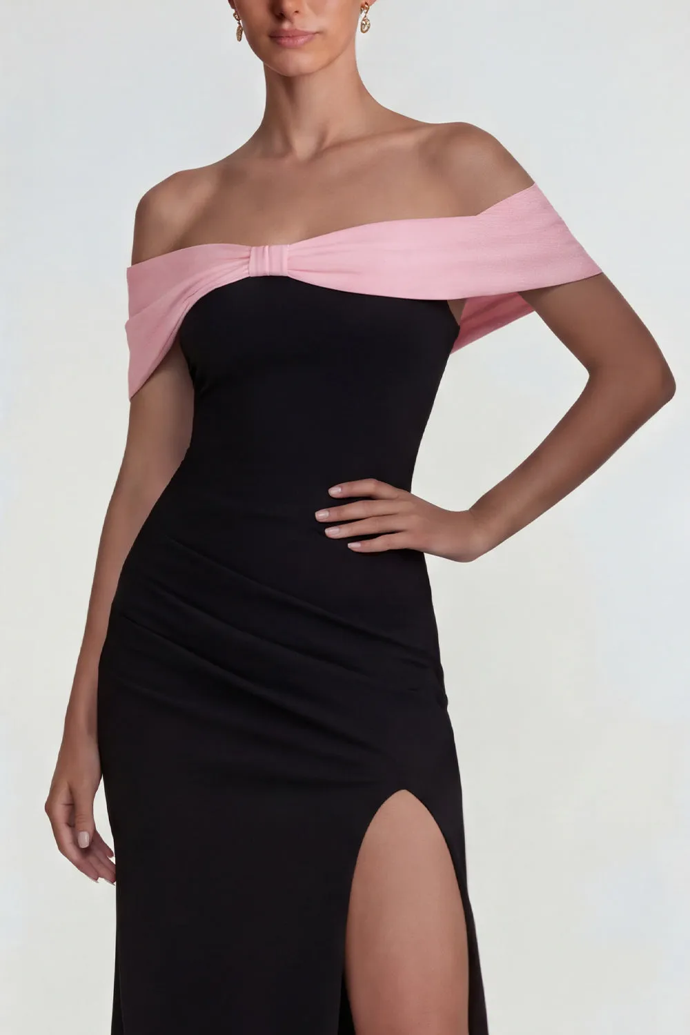 Black Pink Off the Shoulder Sheath Long Formal Dress with Slit sold by Zapaka product image thumbnail 3