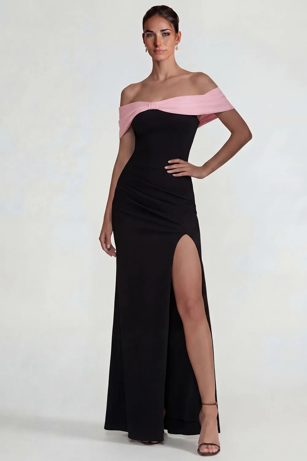 Black Pink Off the Shoulder Sheath Long Formal Dress with Slit sold by Zapaka