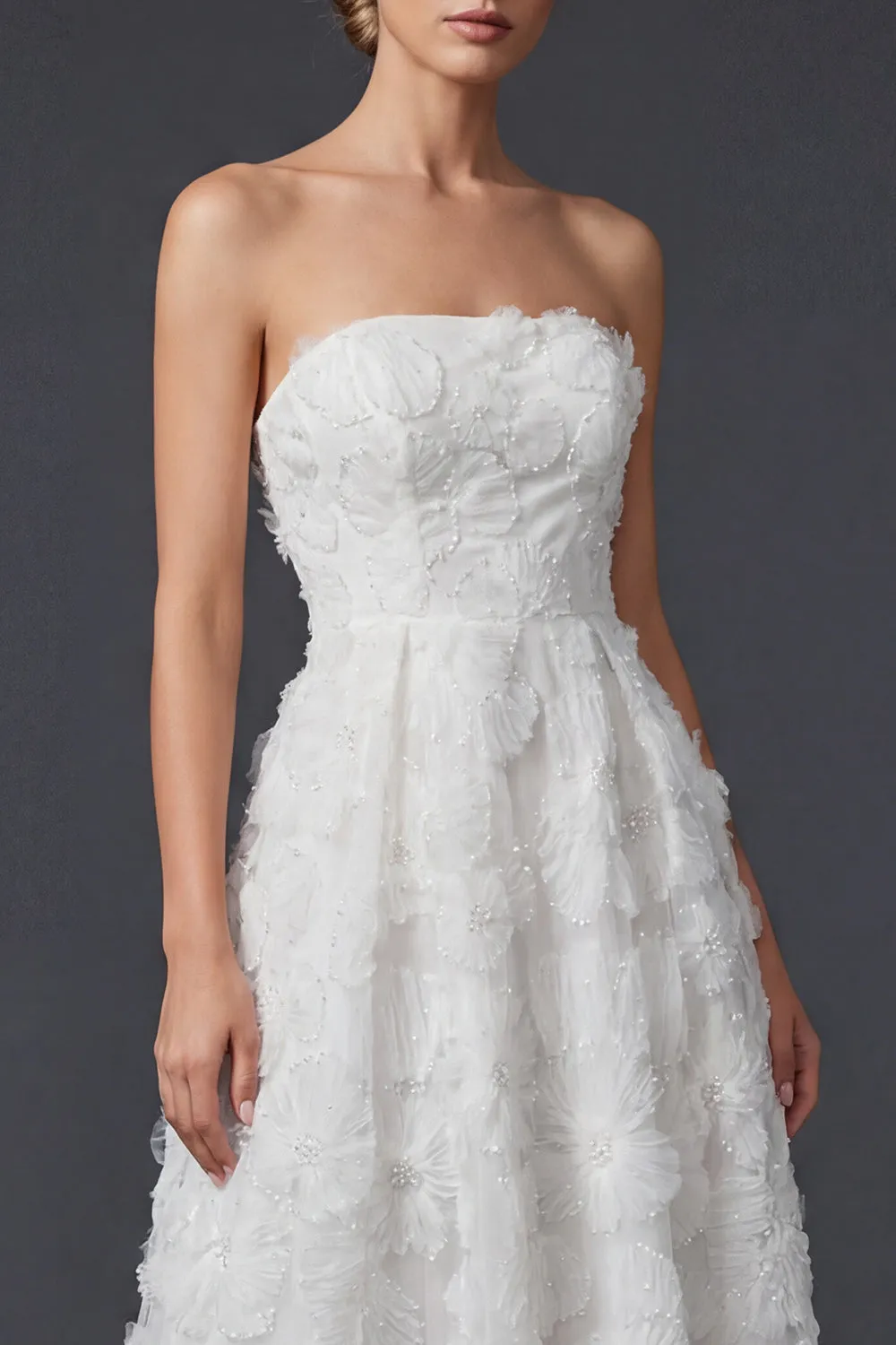 Strapless A Line White Long Wedding Dress with 3D Flowers sold by Zapaka product image thumbnail 3