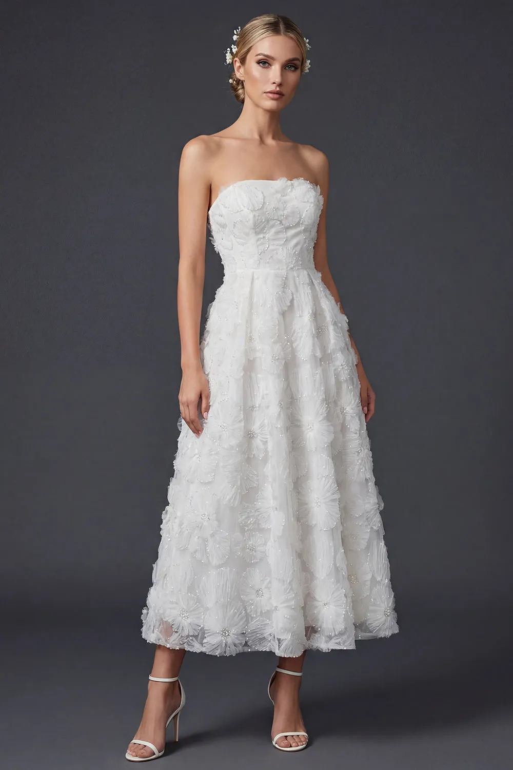 Strapless A Line White Long Wedding Dress with 3D Flowers sold by Zapaka