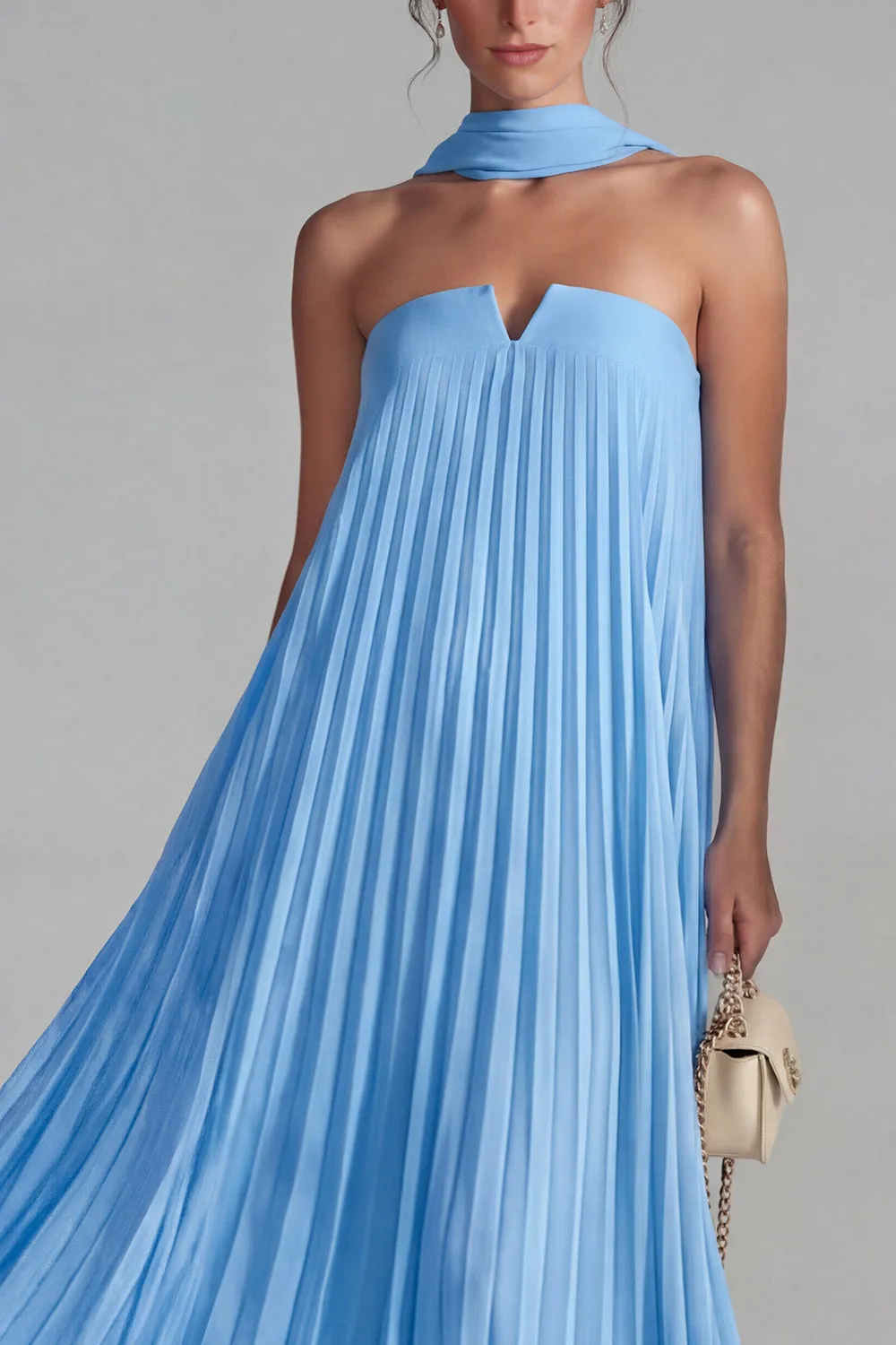 Blue Strapless Chiffon Pleated A Line Long Formal Dress with Ribbon sold by Zapaka product image thumbnail 3
