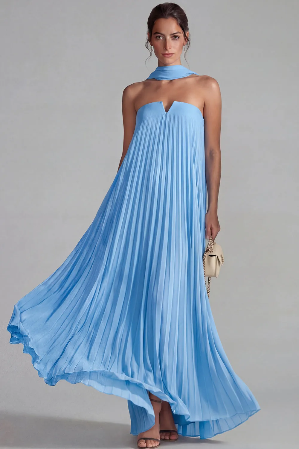 Blue Strapless Chiffon Pleated A Line Long Formal Dress with Ribbon sold by Zapaka