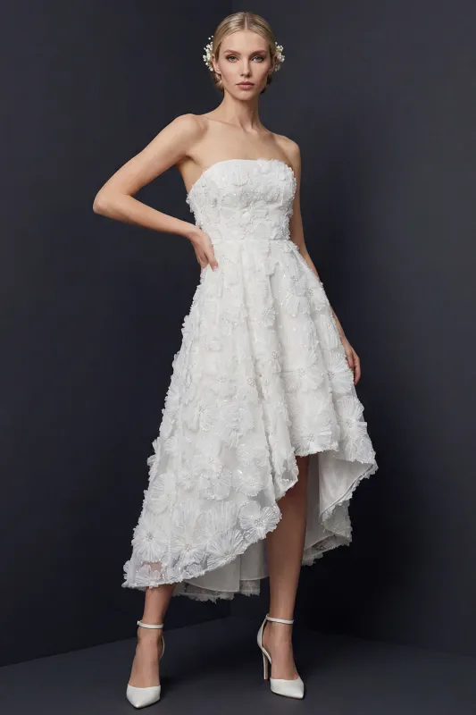 White Strapless High-Low A Line Wedding Dress with 3D Flowers made by Zapaka