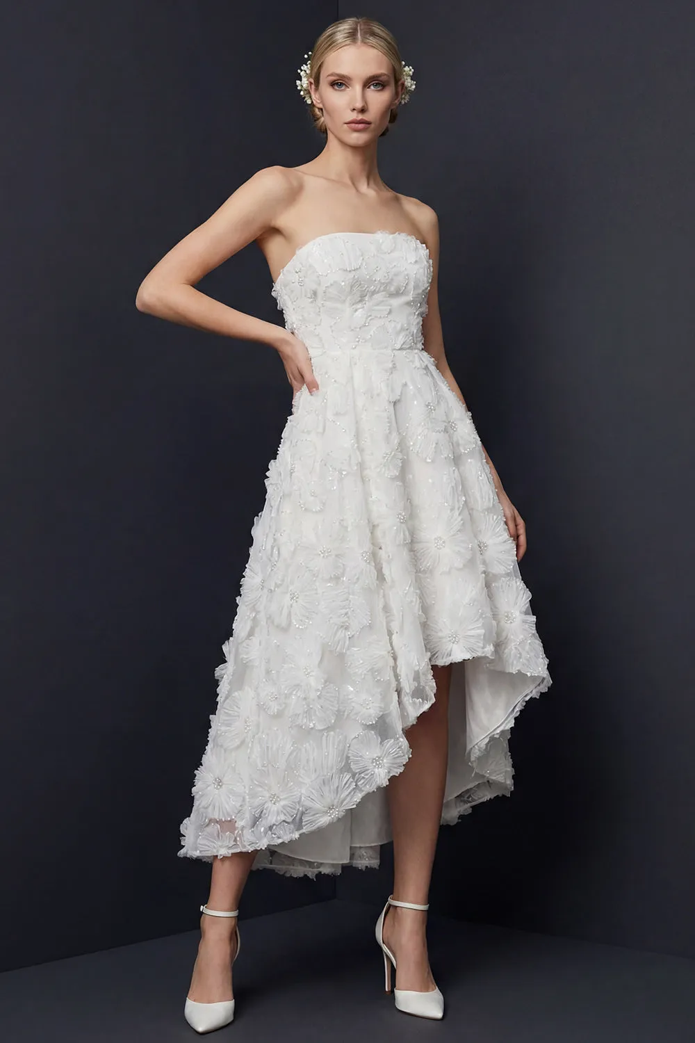 White Strapless High-Low A Line Wedding Dress with 3D Flowers sold by Zapaka