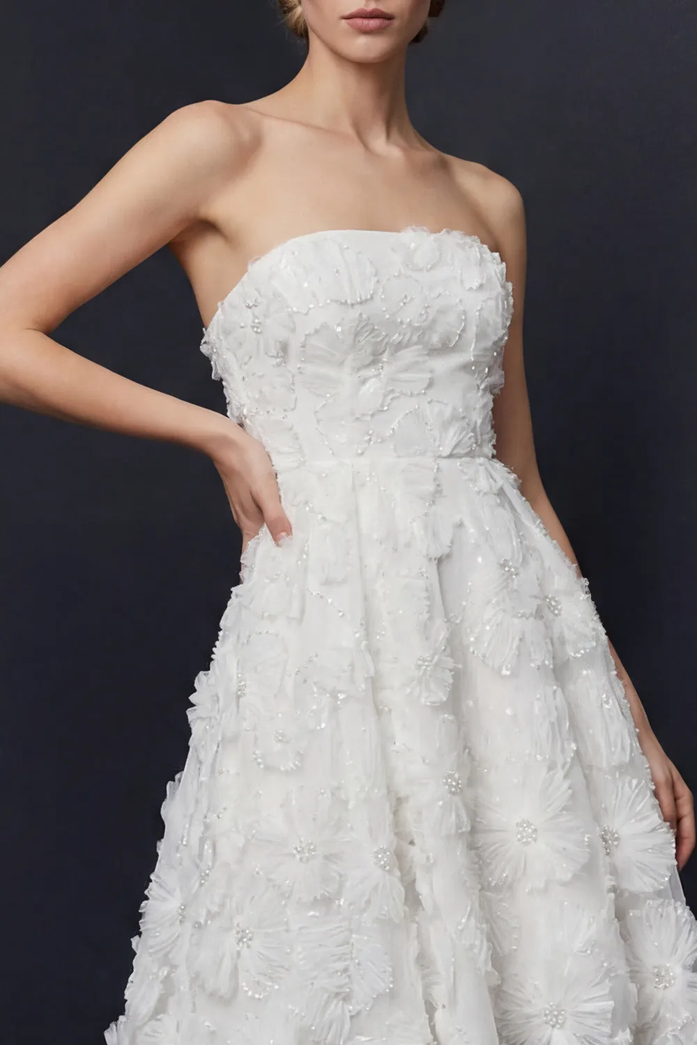 White Strapless High-Low A Line Wedding Dress with 3D Flowers sold by Zapaka product image thumbnail 3