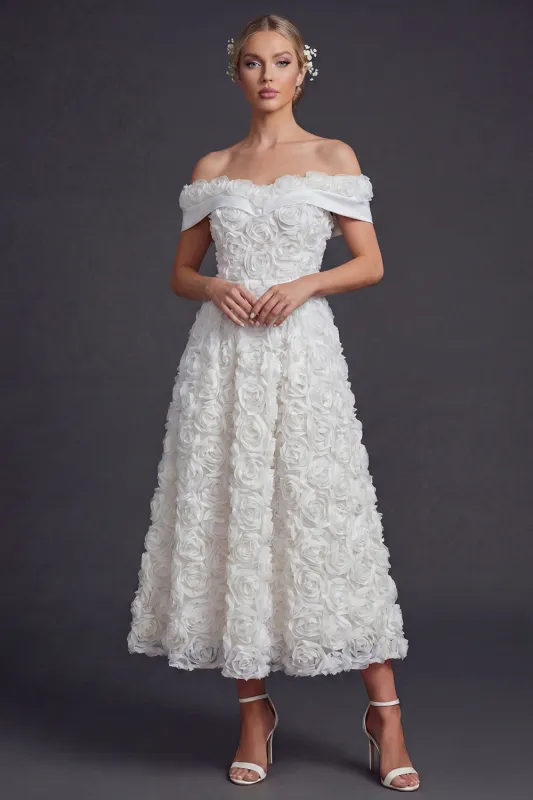 White A Line Off The Shoulder Long Wedding Dress with 3D Flowers sold by Zapaka