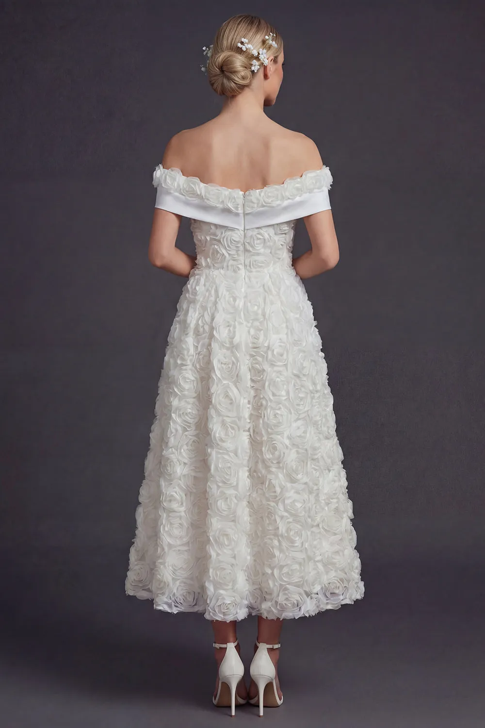 White A Line Off The Shoulder Long Wedding Dress with 3D Flowers sold by Zapaka product image thumbnail 2