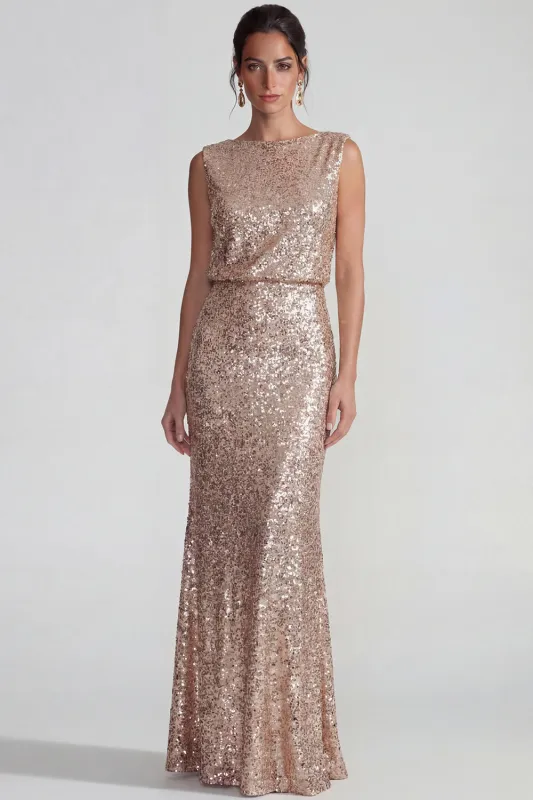 Champagne Sequins Boat Neck Sheath Long Formal Dress with Backless made by Zapaka