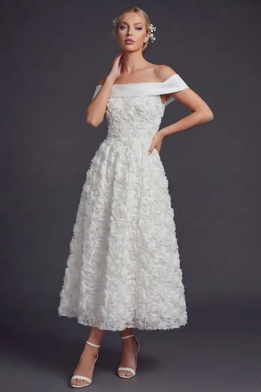 Off The Shoulder White 3D Flowers A Line Long Wedding Dress sold by Zapaka