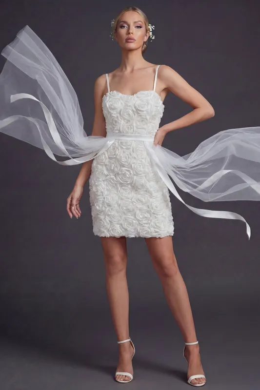 White Bodycon 3D Flowers Spaghetti Straps Short Wedding Dress with Streamer made by Zapaka