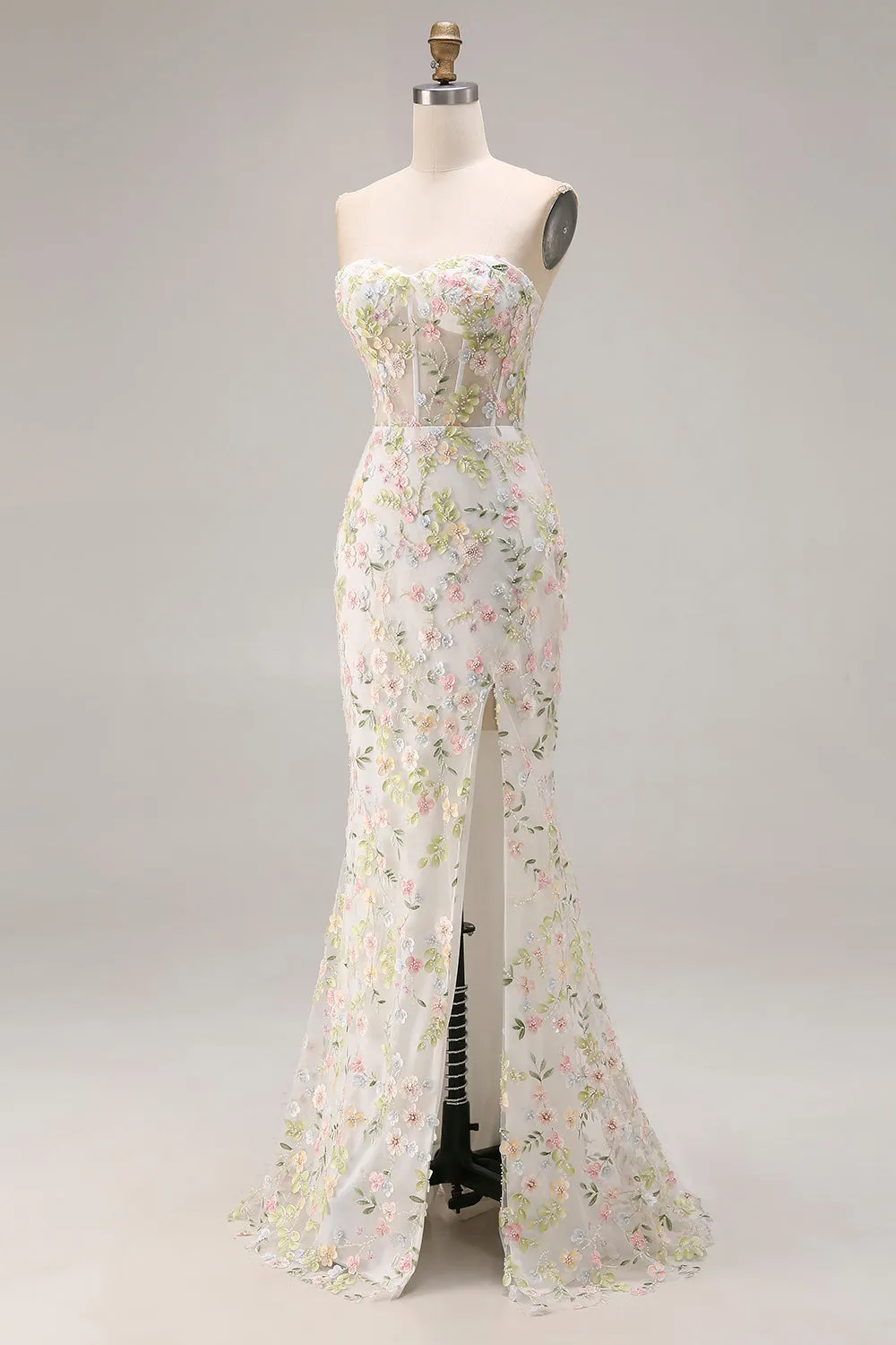 White Flower Mermaid Corset Strapless Long Prom Dress with Slit sold by Zapaka product image thumbnail 3
