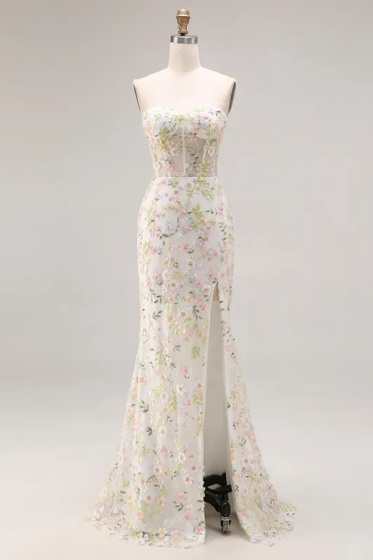 White Flower Mermaid Corset Strapless Long Prom Dress with Slit made by Zapaka