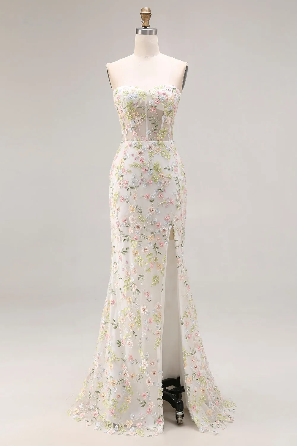 White Flower Mermaid Corset Strapless Long Prom Dress with Slit sold by Zapaka