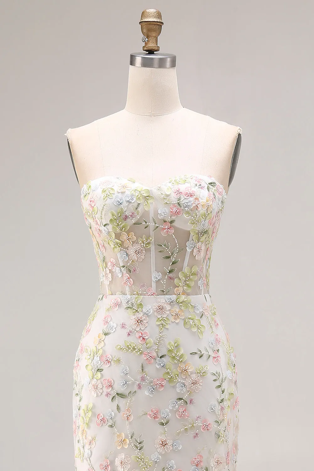 White Flower Mermaid Corset Strapless Long Prom Dress with Slit sold by Zapaka product image thumbnail 4