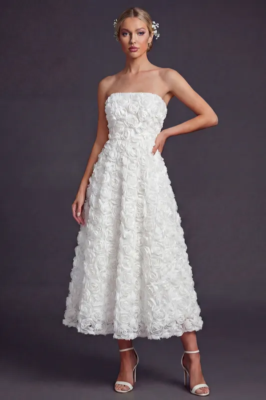 Strapless White A Line Long Wedding Dress with 3D Flowers sold by Zapaka