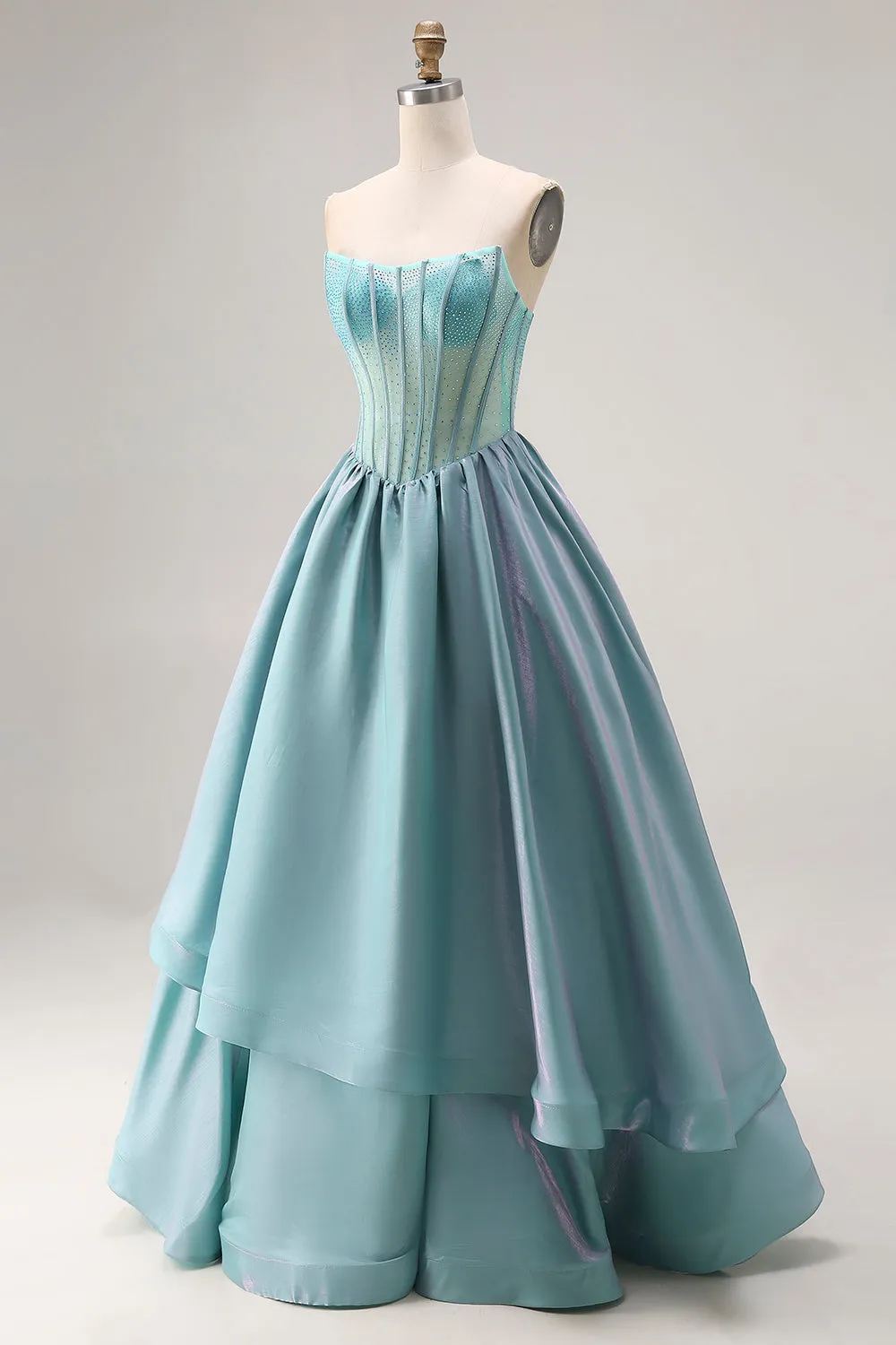 Turquoise Beaded Corset Straplesss A Line Long Satin Prom Dress sold by Zapaka product image thumbnail 3