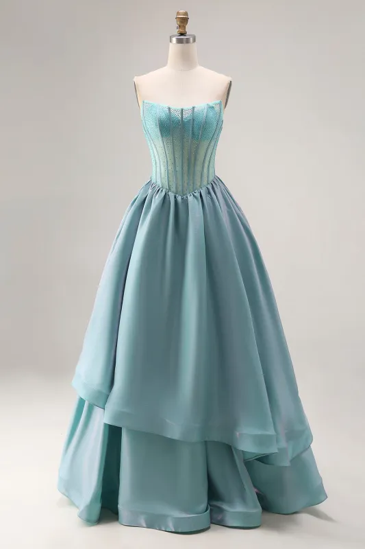 Turquoise Beaded Corset Straplesss A Line Long Satin Prom Dress sold by Zapaka