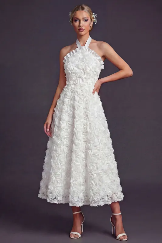 White A Line Halter 3D Flowers Long Wedding Dress sold by Zapaka