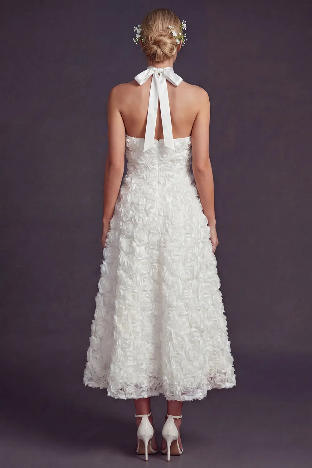 White A Line Halter 3D Flowers Long Wedding Dress sold by Zapaka product image thumbnail 2