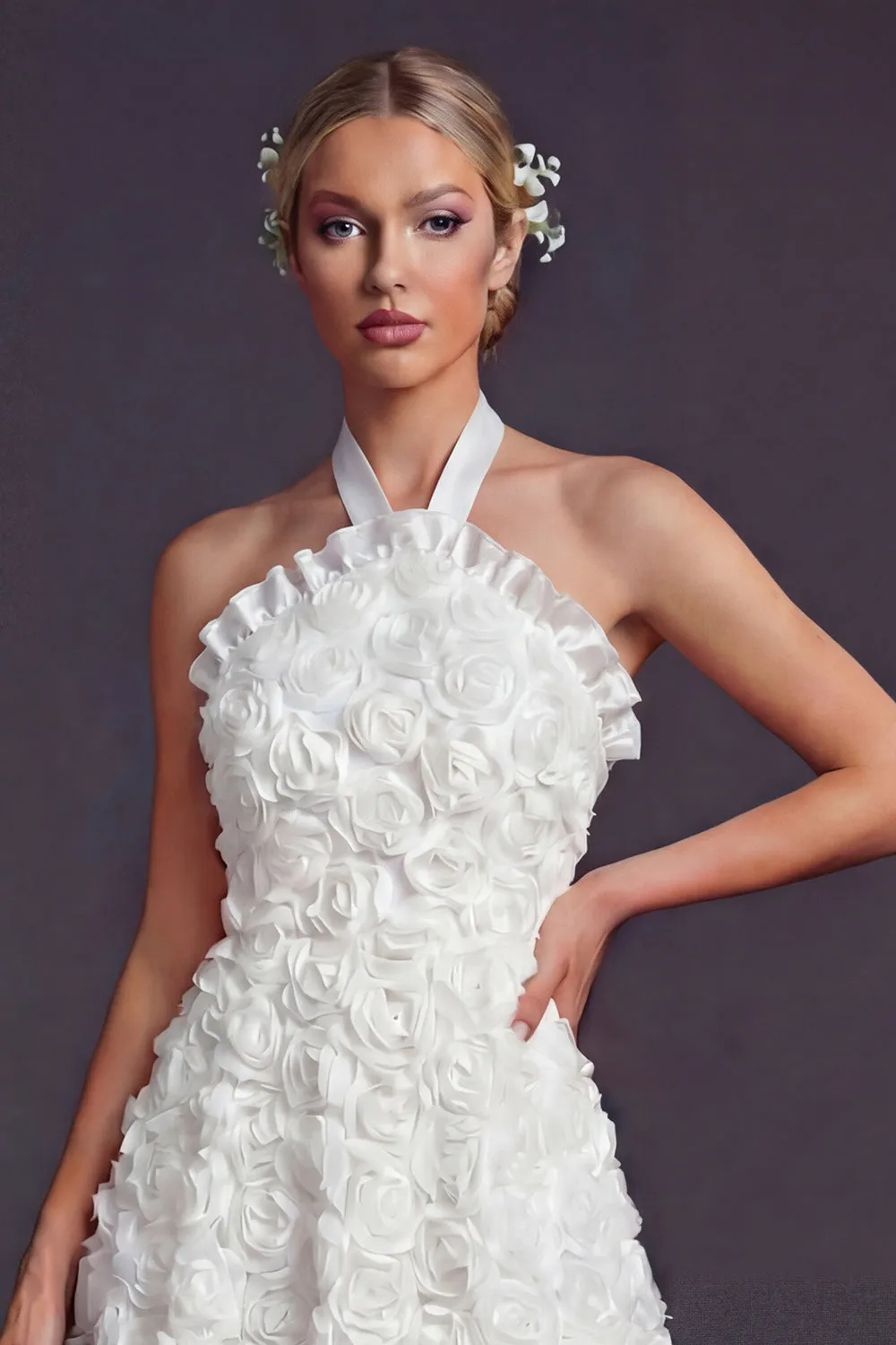 White A Line Halter 3D Flowers Long Wedding Dress sold by Zapaka product image thumbnail 3