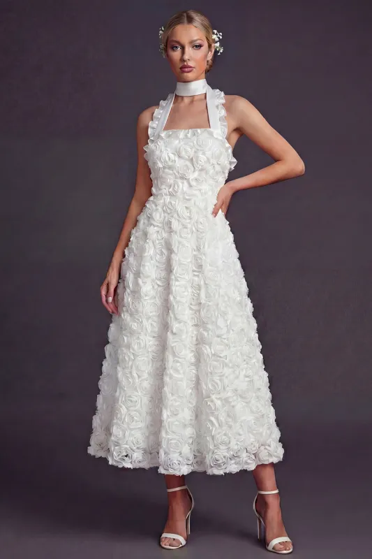 White Halter Cut Out A Line Long Wedding Dress with 3D Flowers sold by Zapaka