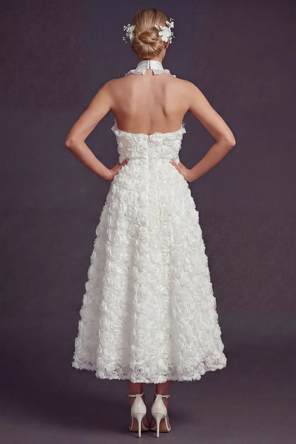 White Halter Cut Out A Line Long Wedding Dress with 3D Flowers sold by Zapaka product image thumbnail 2