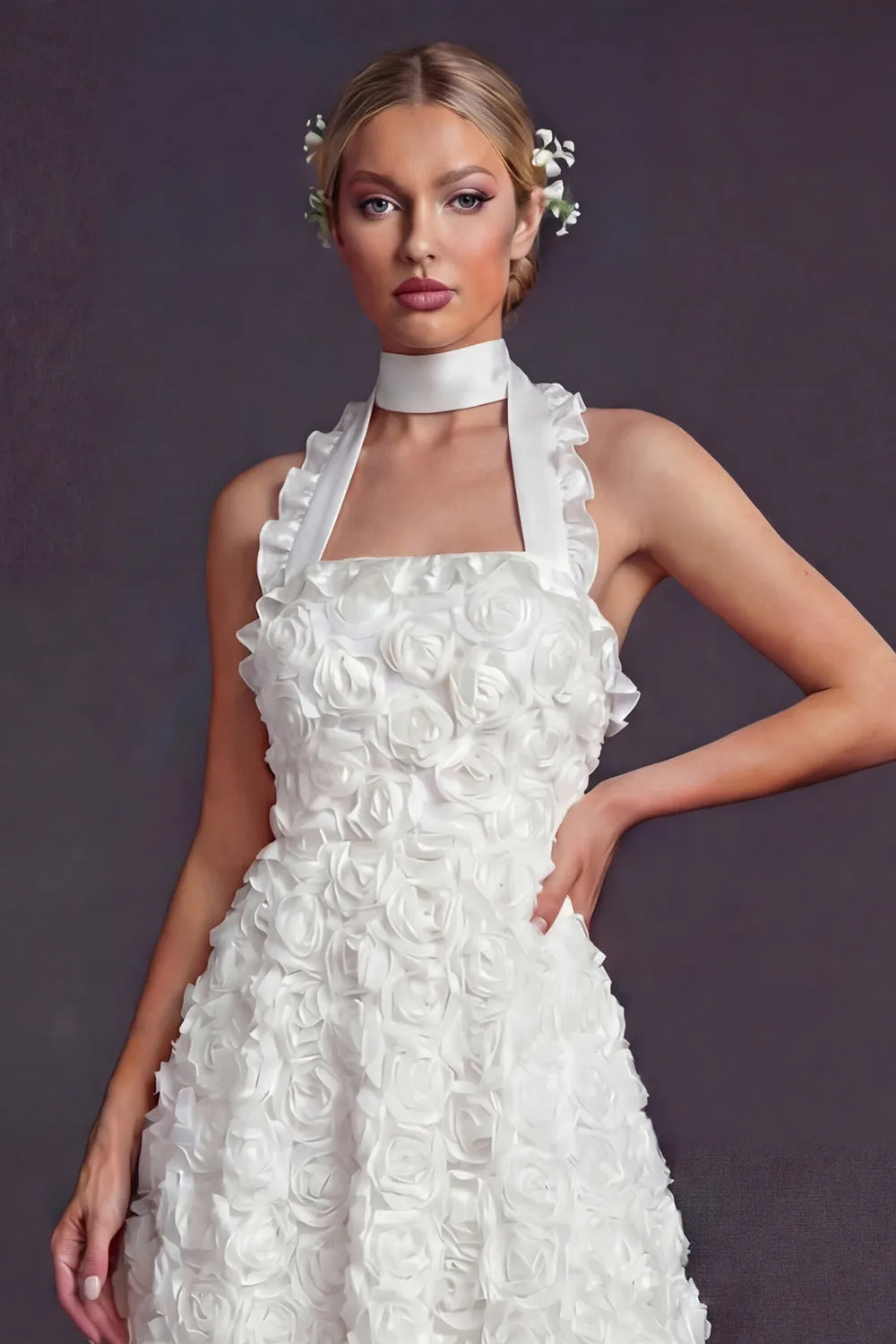 White Halter Cut Out A Line Long Wedding Dress with 3D Flowers sold by Zapaka product image thumbnail 3