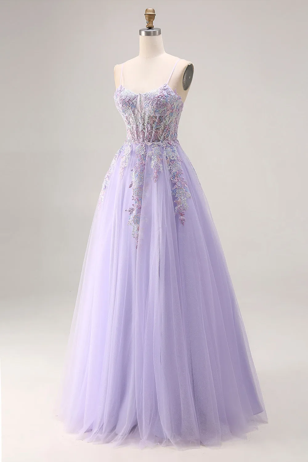 Lilac Appliqued Corset Tulle Spaghetti Straps A Line Long Prom Dress with Slit sold by Zapaka product image thumbnail 3