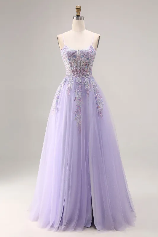 Lilac Appliqued Corset Tulle Spaghetti Straps A Line Long Prom Dress with Slit sold by Zapaka