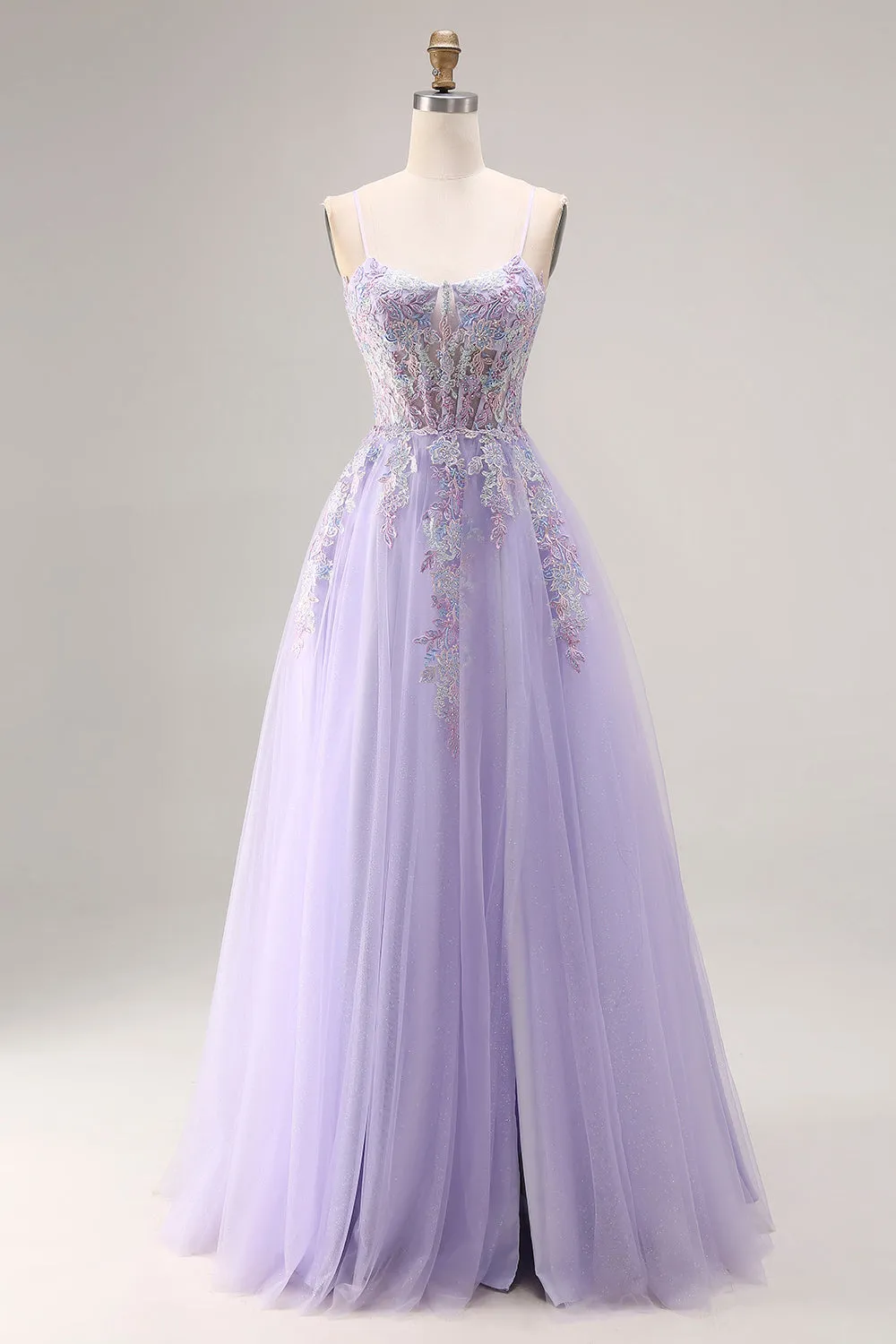 Lilac Appliqued Corset Tulle Spaghetti Straps A Line Long Prom Dress with Slit sold by Zapaka