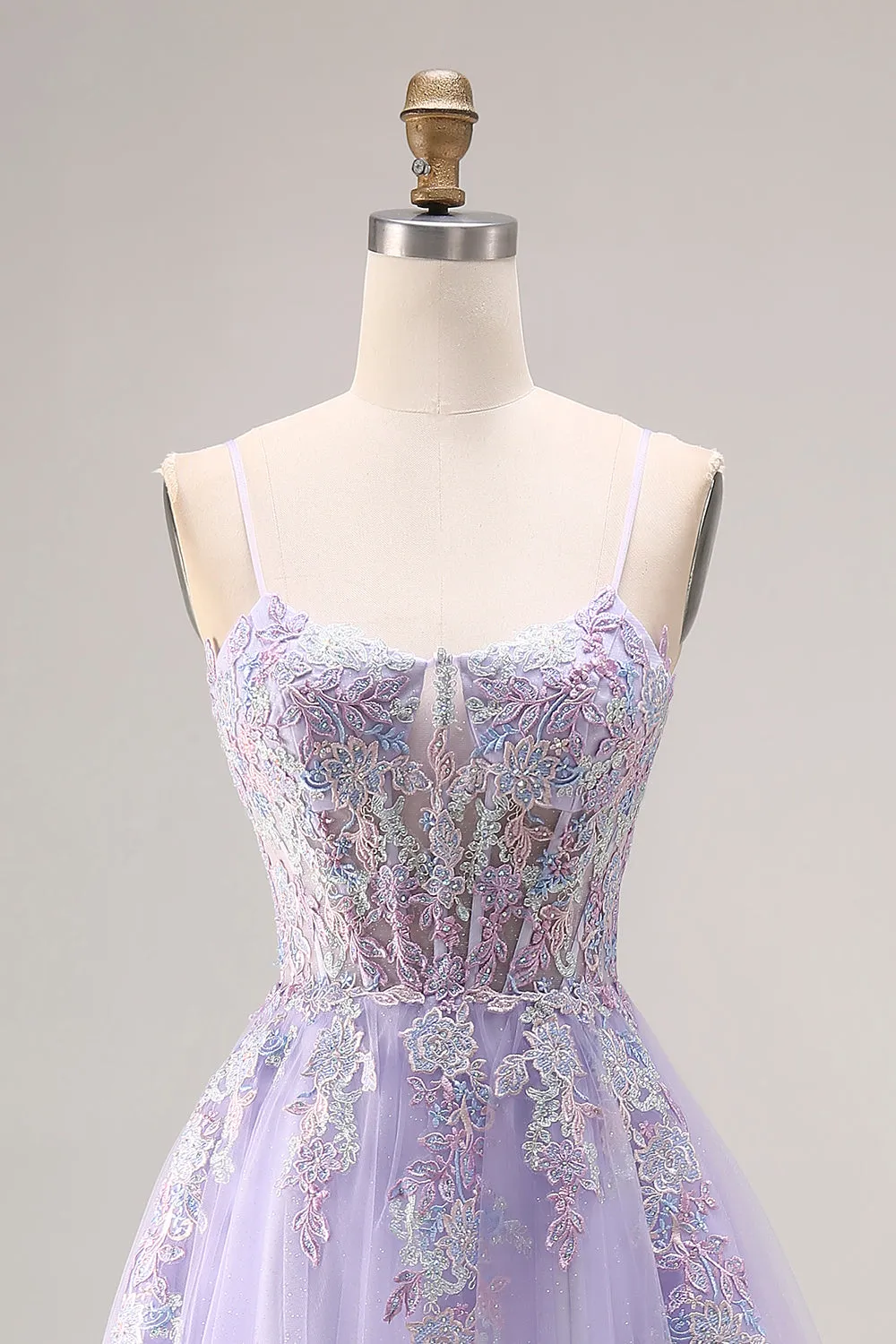 Lilac Appliqued Corset Tulle Spaghetti Straps A Line Long Prom Dress with Slit sold by Zapaka product image thumbnail 4
