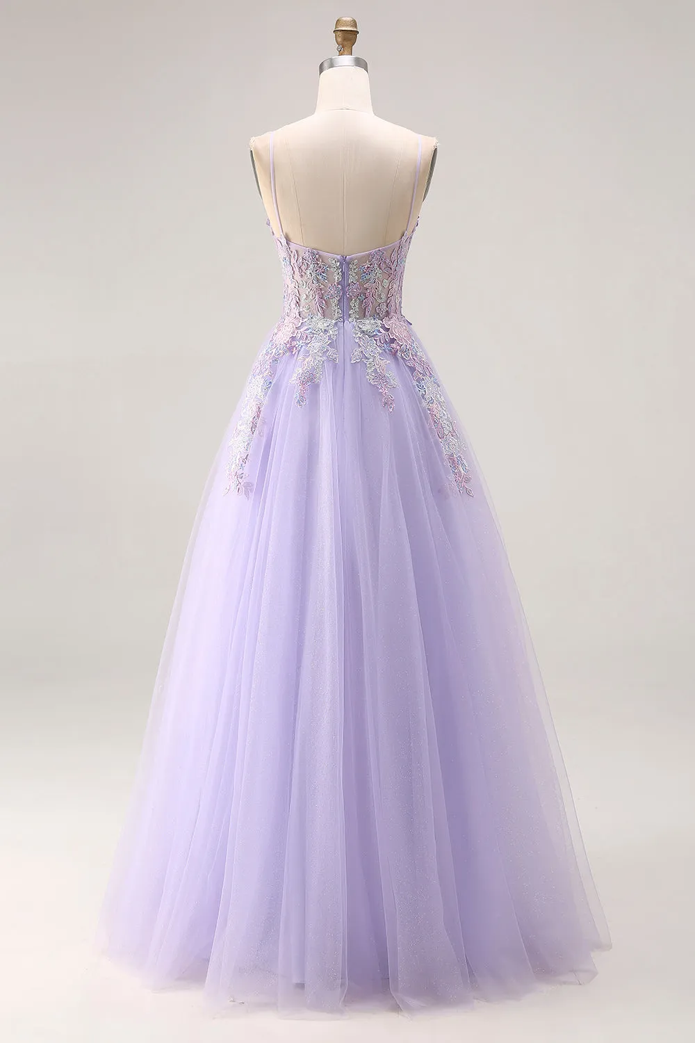 Lilac Appliqued Corset Tulle Spaghetti Straps A Line Long Prom Dress with Slit sold by Zapaka product image thumbnail 2