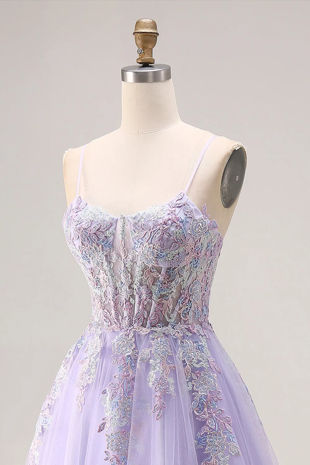 Lilac Appliqued Corset Tulle Spaghetti Straps A Line Long Prom Dress with Slit sold by Zapaka product image thumbnail 5