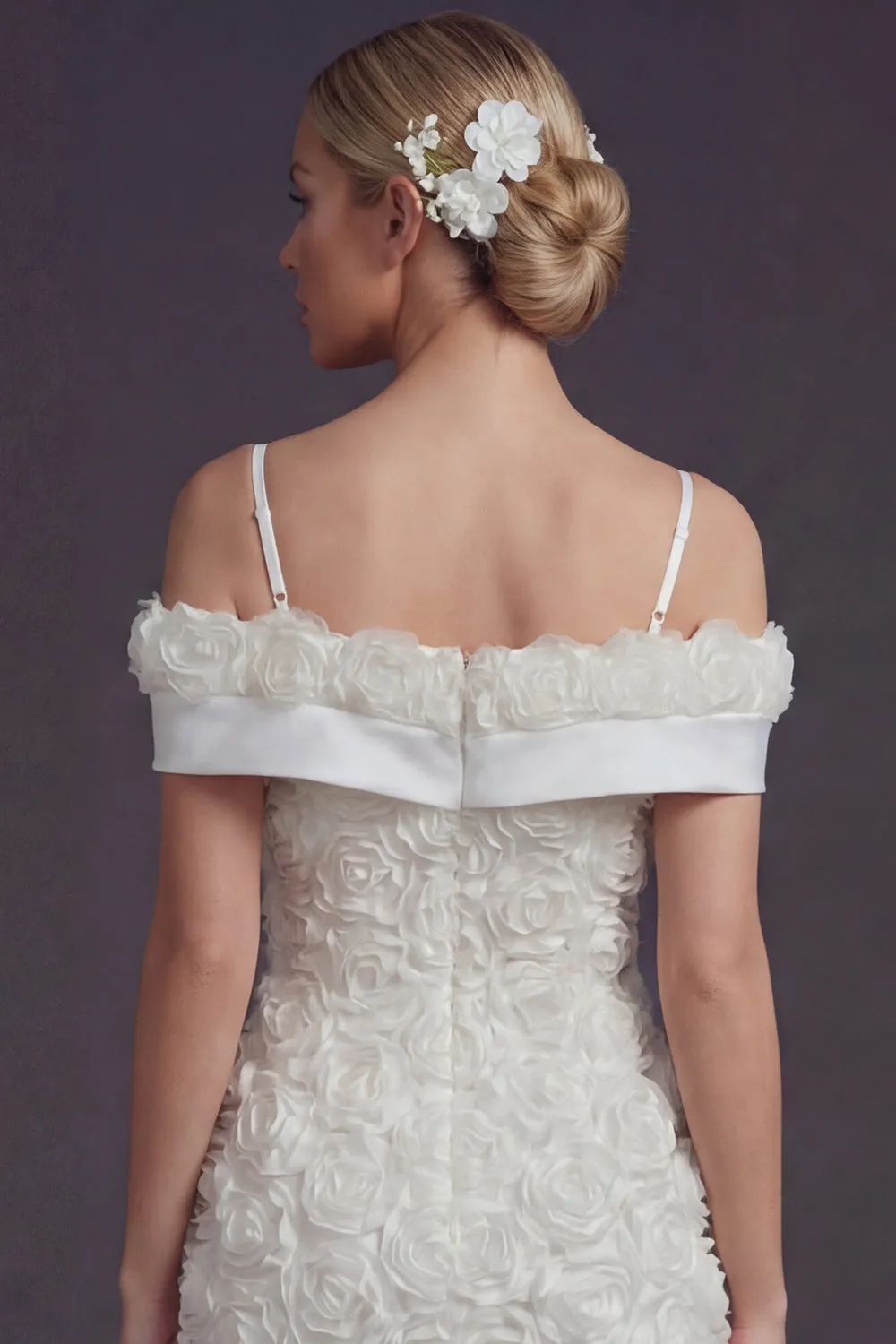 Bodycon White Cold Shoulder Short Wedding Dress with 3D Flowers sold by Zapaka product image thumbnail 4