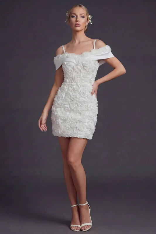 Bodycon White Cold Shoulder Short Wedding Dress with 3D Flowers made by Zapaka