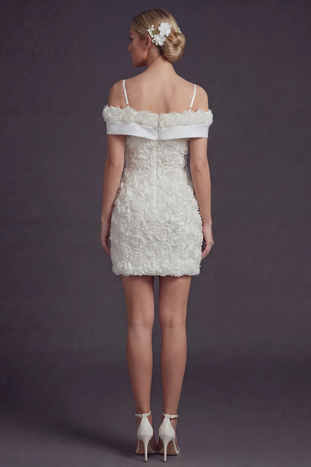 Bodycon White Cold Shoulder Short Wedding Dress with 3D Flowers sold by Zapaka product image thumbnail 2