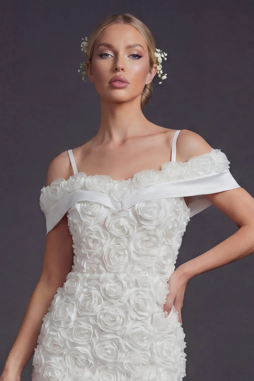 Bodycon White Cold Shoulder Short Wedding Dress with 3D Flowers sold by Zapaka product image thumbnail 3