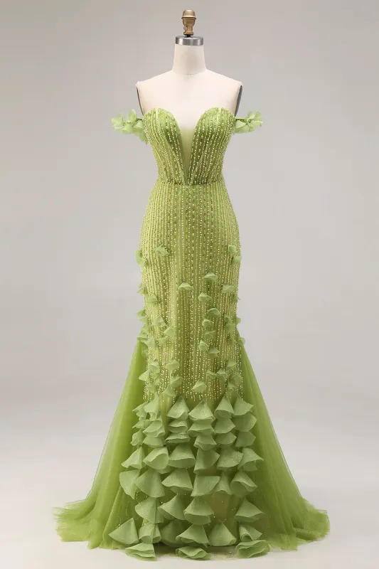 Beaded Green Mermaid Off the Shoulder Long Prom Dress with Ruffles made by Zapaka