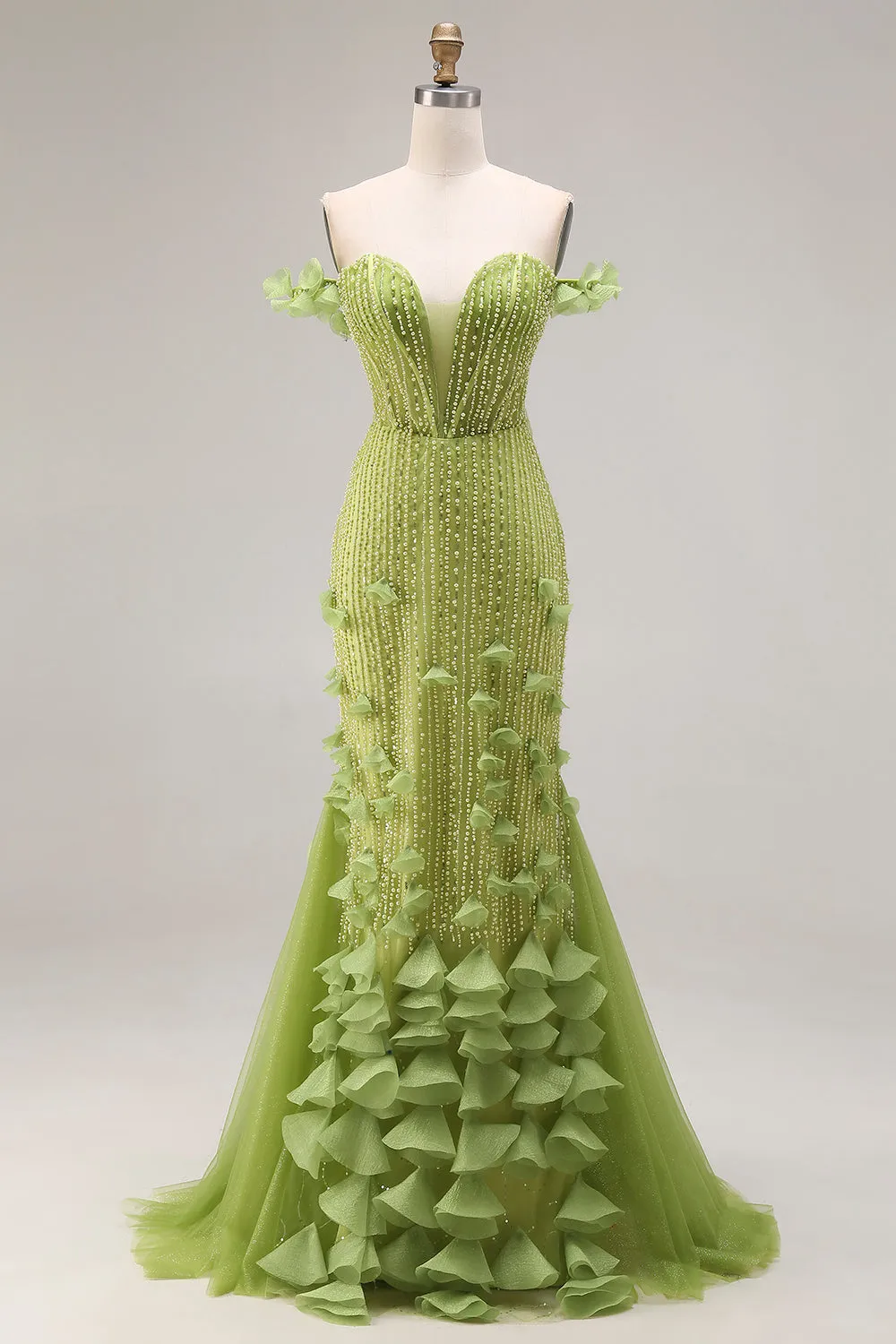 Beaded Green Mermaid Off the Shoulder Long Prom Dress with Ruffles sold by Zapaka