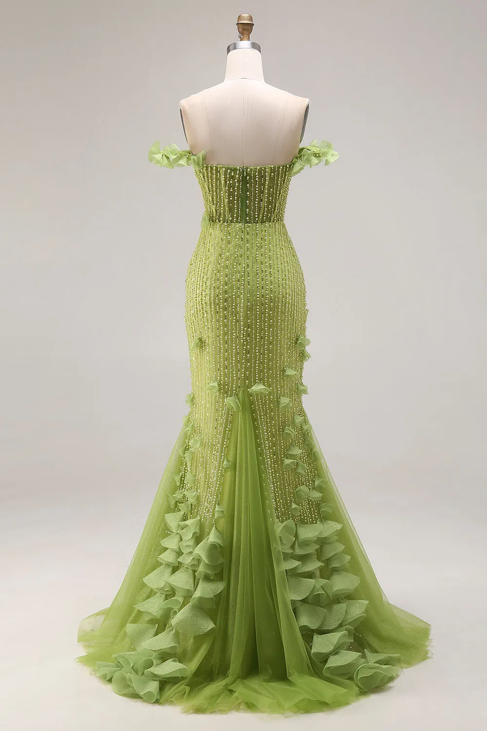 Beaded Green Mermaid Off the Shoulder Long Prom Dress with Ruffles sold by Zapaka product image thumbnail 2
