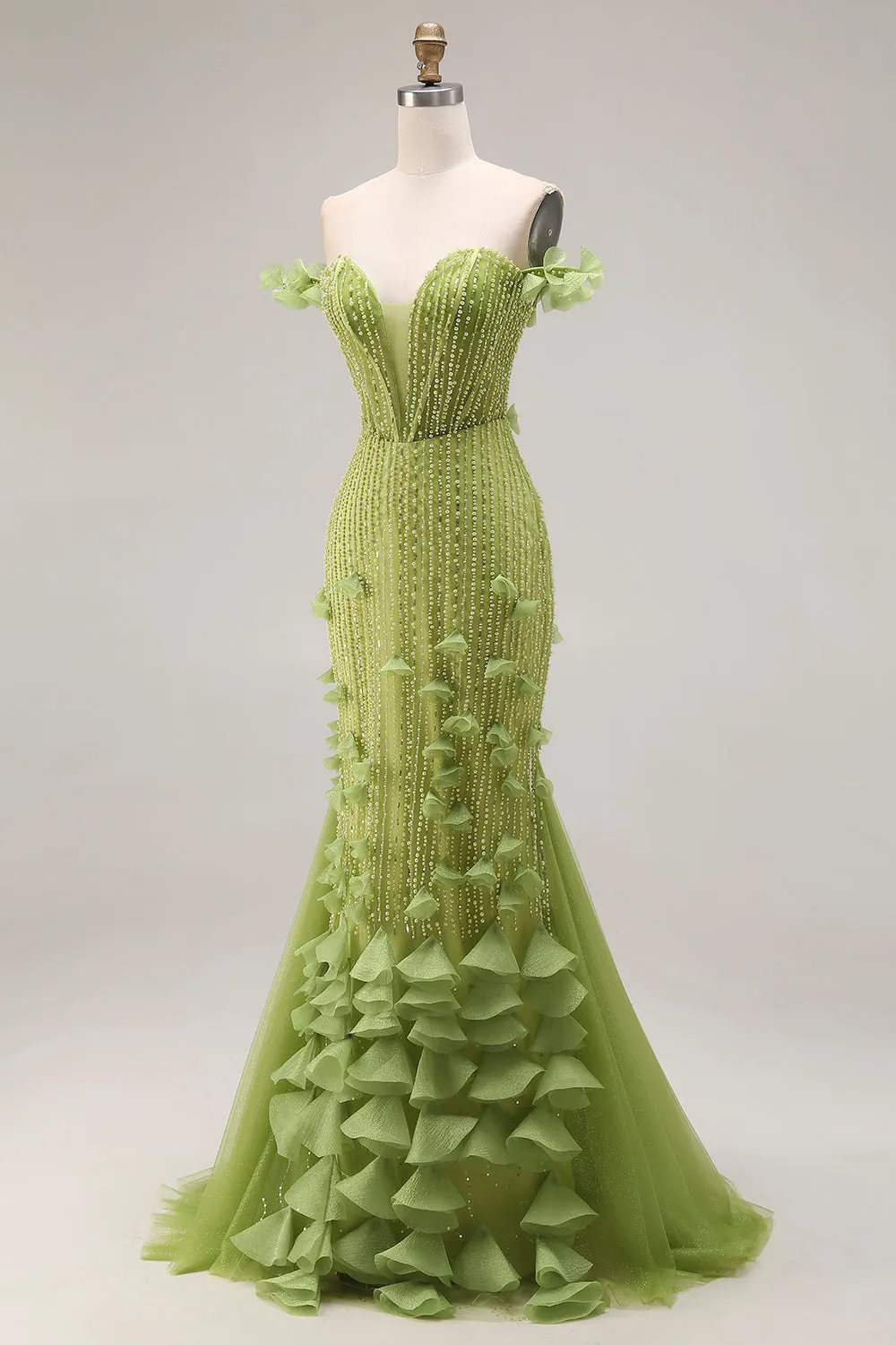 Beaded Green Mermaid Off the Shoulder Long Prom Dress with Ruffles sold by Zapaka product image thumbnail 3