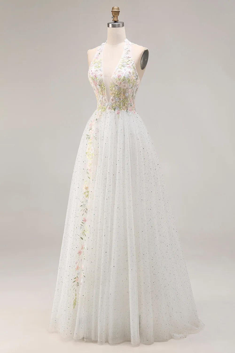 White Appliqued Corset Tulle V Neck A Line Long Prom Dress with Slit sold by Zapaka product image thumbnail 3