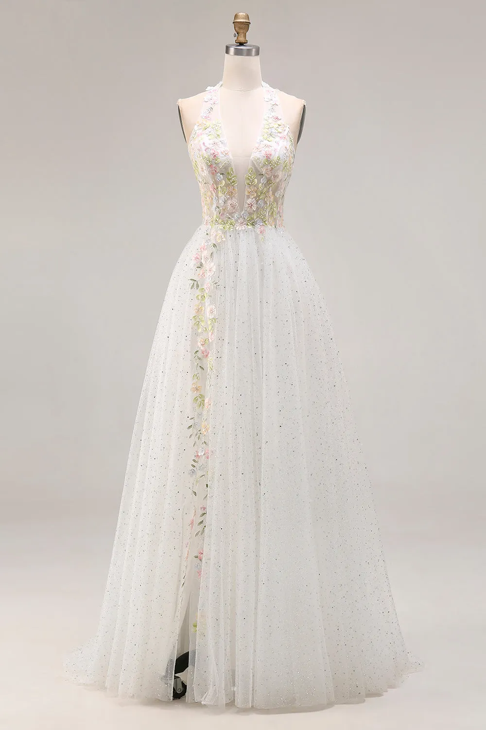 White Appliqued Corset Tulle V Neck A Line Long Prom Dress with Slit sold by Zapaka