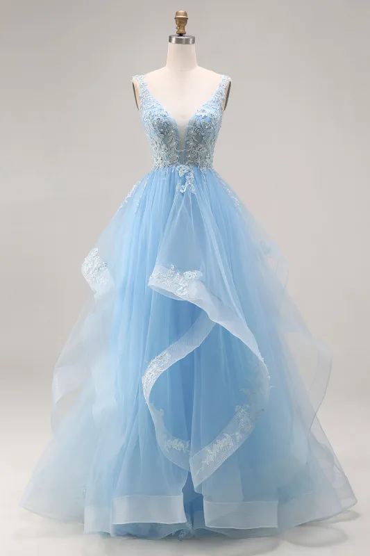 Sky Blue Organza V Neck Appliqued Ruffled Long Prom Dress sold by Zapaka