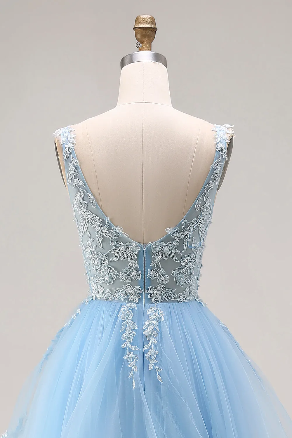 Sky Blue Organza V Neck Appliqued Ruffled Long Prom Dress sold by Zapaka product image thumbnail 5
