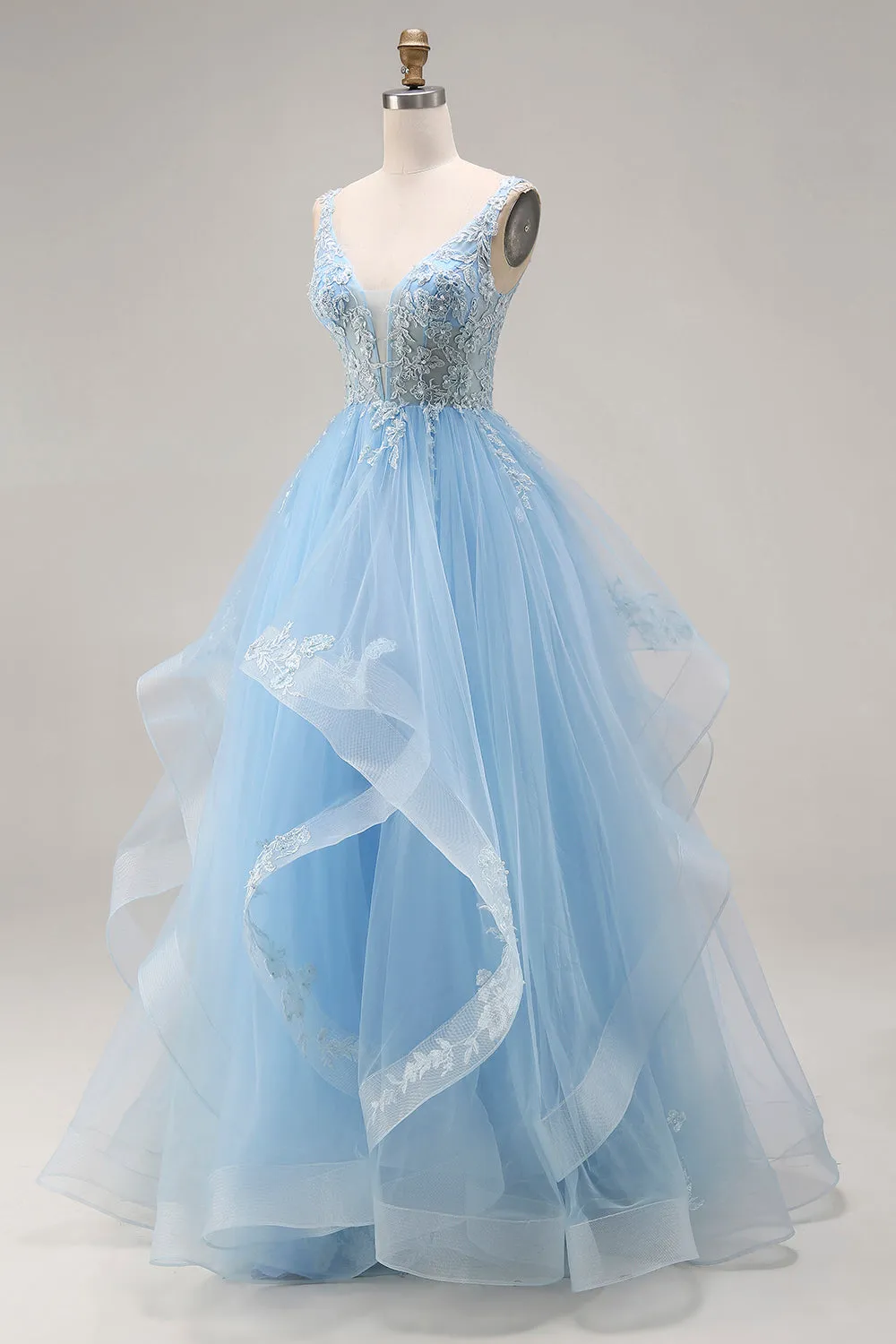 Sky Blue Organza V Neck Appliqued Ruffled Long Prom Dress sold by Zapaka product image thumbnail 3
